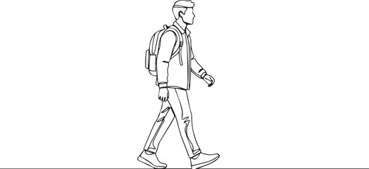 Line drawing of young man walking with backpack vector illustration isolated on white background