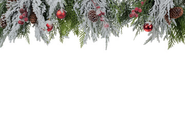 Frosted pine garland with red ornaments isolated on transparent background