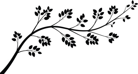 Black silhouette of curved tree branch with leaves, decorative floral twig isolated on white background for nature design, cad drawing flat vector illustration