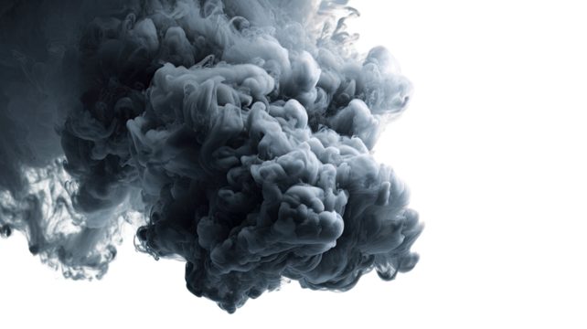 Abstract white smoke texture with blue light on a black isolated background resembles fog on the winter sky