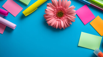 Colorful stationery and pink gerbera flower on bright blue background