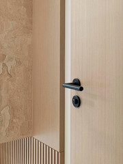 Wooden front door with handle and lock. Modern hallway interior. Close-up, vertical photo.