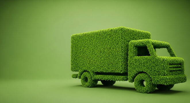 Green grass delivery truck symbolizing sustainable transportation and eco friendly logistics on a green background.