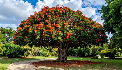 Naklejka premium Large tree in full bloom with vibrant red flowers and green foliage