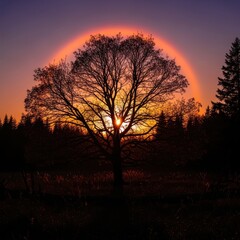 Naklejka premium Silhouette of a tree against a fiery sunset sky creating a vibrant atmospheric halo effect