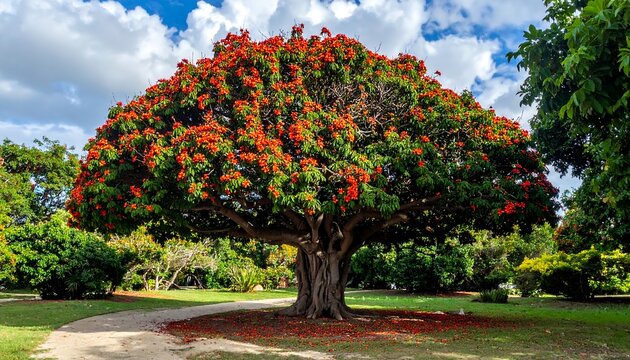 Large tree in full bloom with vibrant red flowers and green foliage