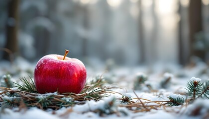 A fresh shiny red apple fruit rests amid pine needles showcasing vibrant natural purity in snowy woodland offering organic sparkling