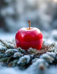 A bright shiny red apple fruit sits quietly in frosty woodland offering vibrant natural freshness with organic purity and sparkling