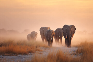 Majestic elephants journeying across the African savanna at sunrise, evoking adventure and the beauty of wildlife, perfect for conservation campaigns and travel promotions