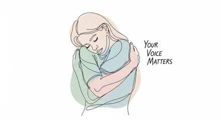 Sad woman hugging herself with the text your voice matters isolated on white background