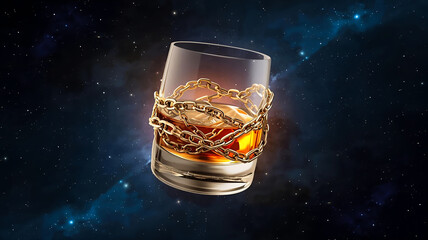 宇宙空間に浮かぶ、鎖を巻いたウイスキー