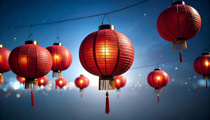 Obraz premium Numerous Red Chinese Lanterns Hanging Against a Dark Blue Sky with Sparkling Bokeh Lights, Festive Celebration.