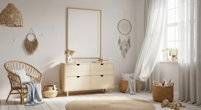 A Serene Bohemian Nursery with Rattan Decor and Blank Frame