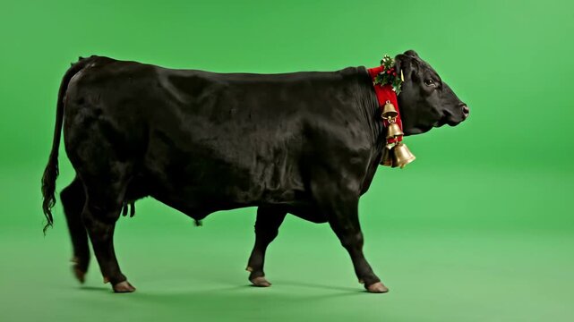 Full-body shot of a black cow wearing a red Christmas collar and bells against a green background with a shallow depth of field.
