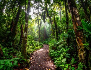Obraz premium Lush trail winding through a verdant rainforest, sunlight filtering down