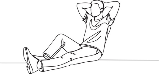 Minimalist single line art drawing of a casual man relaxing or taking a break isolated on white
