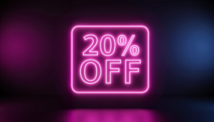 Neon sign displaying 20% off discount on dark background  
