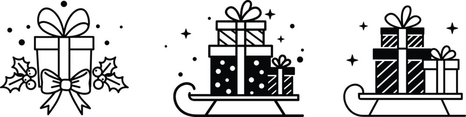 Christmas Gift Boxes and Sleigh Outline and Solid Vector Icon Set, Festive Holiday Design Elements Collection, Presents Stacked on Sled, Holly, Stars, Winter Season Graphic Pack, Minimalist.