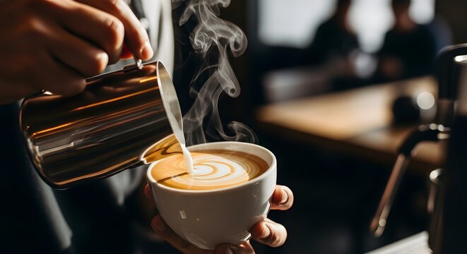 Barista pouring steamed milk into coffee cup creating latte art image