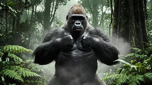 Powerful silverback gorilla stands tall and imposing in a misty jungle, exuding strength and wild nature.