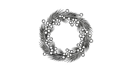 A detailed black and white sketch of a circular Christmas wreath adorned with small white berries and pine needles.