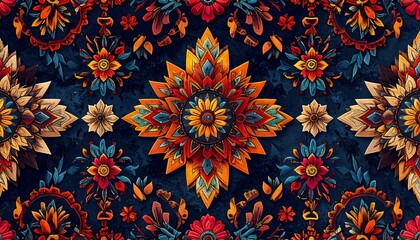 Ornate, vibrant floral and geometric repeating pattern on a dark background