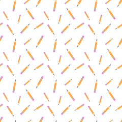 flat design pattern of a pencil. It has an orange body, a sharpened grey tip, and a pink eraser at the top, held by a grey band. All elements are outlined in dark brown