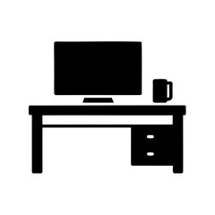 Simple black silhouette of an office desk with computer Vector