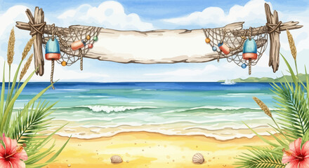 Beach scene with wooden sign and ocean