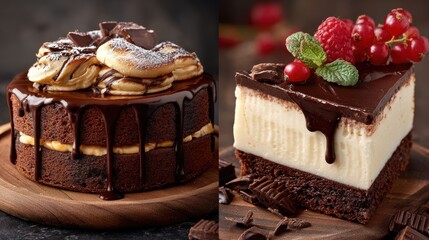 Set of sweets and desserts .chocolate pancakes, cheesecakes and chocolate slice cake.