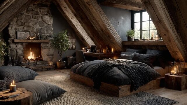 Cozy attic bedroom with fireplace and rustic decor