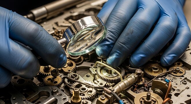 Close-up of Watchmaker Repairing Intricate Watch Mechanism with Magnifying Glass.