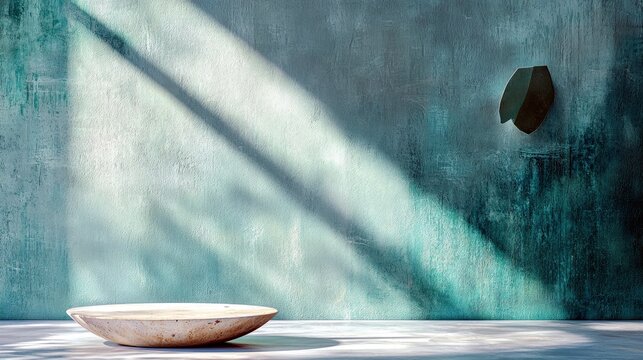 A minimalist interior scene featuring a textured teal wall with dramatic sunlit shadows, a stone pedestal, and a dark geometric wall accent. - Powered by Adobe