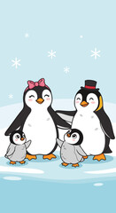 A cute cartoon illustration of a happy penguin family, including two adult penguins with a bow and top hat, and two adorable baby chicks, standing on ice with falling snowflakes.