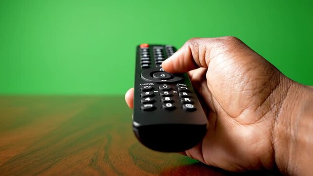 Close-up of a hand holding a black remote control on a wooden surface against a green background with blurred edges.