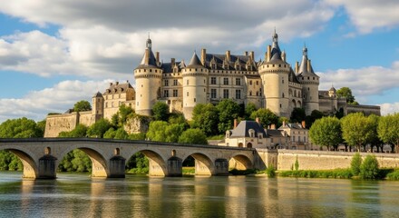 Majestic architecture: Loire Valley castle soaring above the serene river and bridge