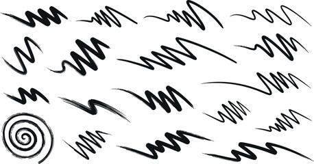 Vector hand drawn charcoal pencil squiggles, rough brush strokes, scribbles, bold zigzag line and swirls. Crayon doodle wavy strip, chalk smears, curly underlines.