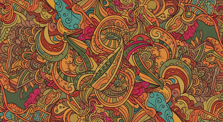 A colorful and intricate abstract pattern with swirling shapes and organic forms throughout the image