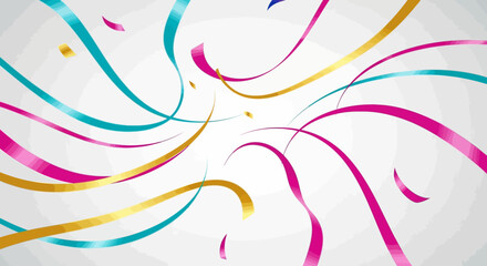 Colorful ribbons of various hues swirl and float against a plain white background, creating a festive visual.
