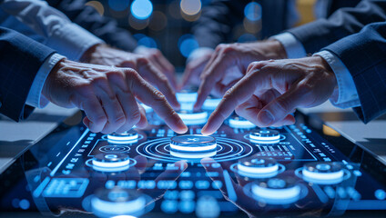 Collaborative digital interaction modern office touchscreen technology professional environment close-up view innovation concept