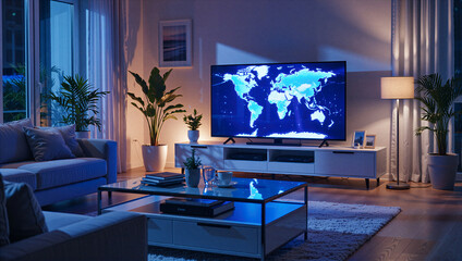 Relaxing evening in a modern living room with tv displaying world map cozy ambiance stylish decor