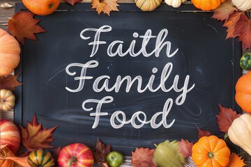 Chalkboard with Faith Family Food and Autumn Harvest
