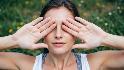 Mindfulness practice outdoor setting portrait photography natural light close-up self-reflection