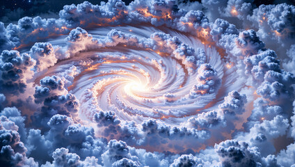 Celestial swirl of clouds and light cosmic space digital art ethereal environment panoramic view abstract concept