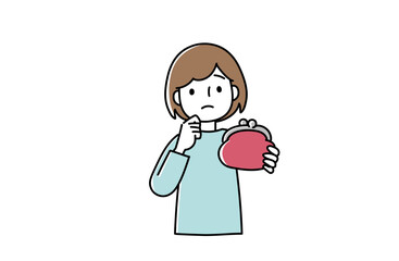 がま口を持って困り顔の女性のイラスト