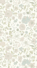 A delicate and seamless floral pattern with soft, muted beige, green, and blue flowers on a cream background.