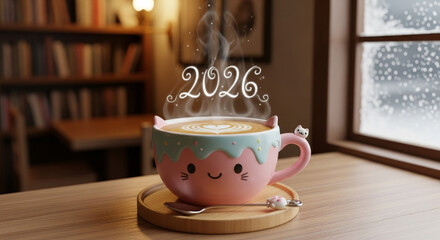 Cozy winter scene featuring a steaming cup of coffee with 2026 design, set against a snowy window and warm, inviting interior ambiance