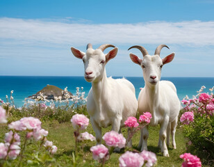 Obraz premium A pair of white goats on the grass between the white and pink flowers on a gorgeous beach with blue sky. goat on the Beach.