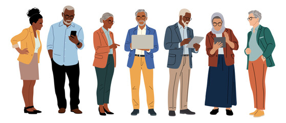 Obraz premium Set of diverse senior business professionals standing, using smartphones, tablets, and laptops, modern style. Flat vector illustration isolated on transparent background