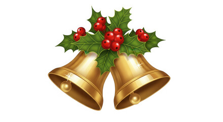 Christmas golden bells with holly isolated on transparent background